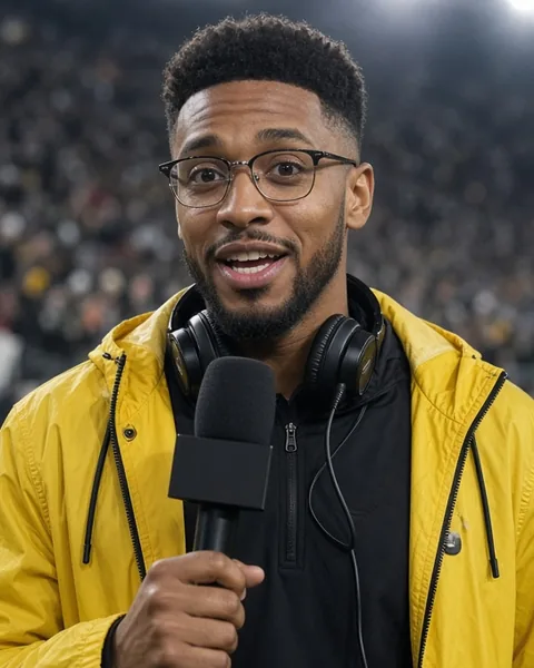 Deuce Whitfield, AI-generated utility host: glasses, short beard, yellow rain shell, holding a microphone on a stadium sideline