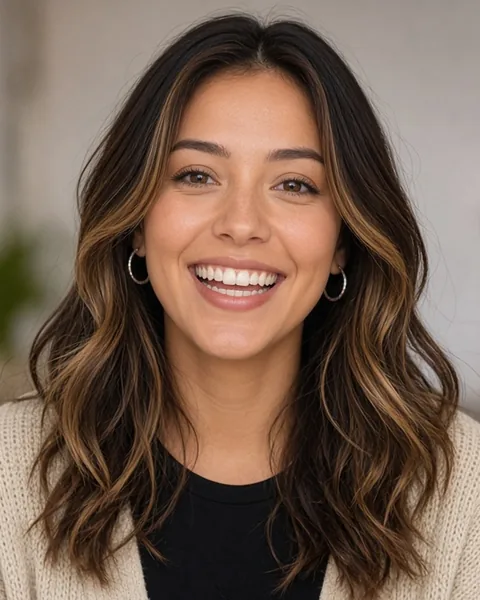 Kenzie "Replay" Okada, AI-generated betting and viral desk host: long wavy dark hair with highlights, small hoop earrings, cream cardigan, big smile