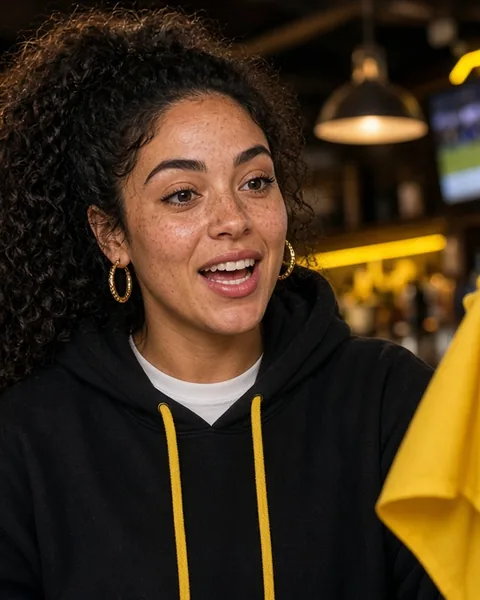 Tess "Flags" Moreno, AI-generated field reporter: curly dark hair, gold hoops, black hoodie, holding a yellow penalty flag